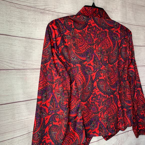 Vintage Blair Red Paisley Button Up Blouse Long Sleeve V-Neck Size 12P - Picture 14 of 15